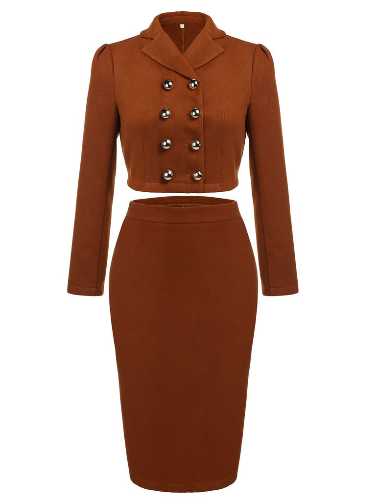 ‍2PCS Brown 1960s Button Top & Pencil Skirt (86% off)