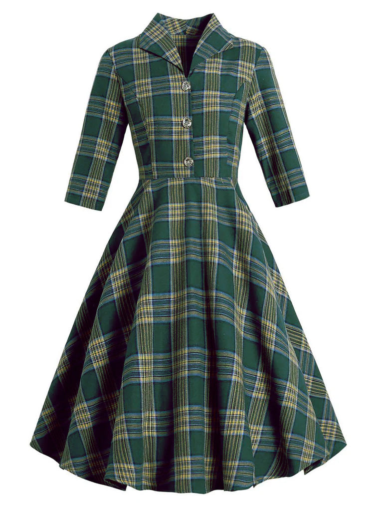 Green 1950s Plaid Button Swing Dress