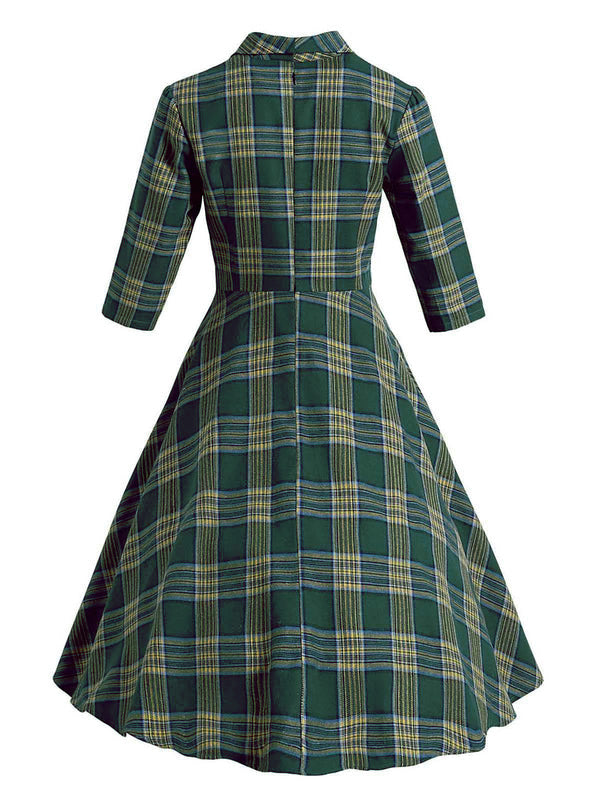 Green 1950s Plaid Button Swing Dress