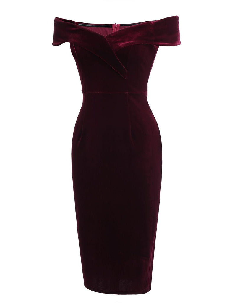 1960s Off Shoulder Velvet Bodycon Dress