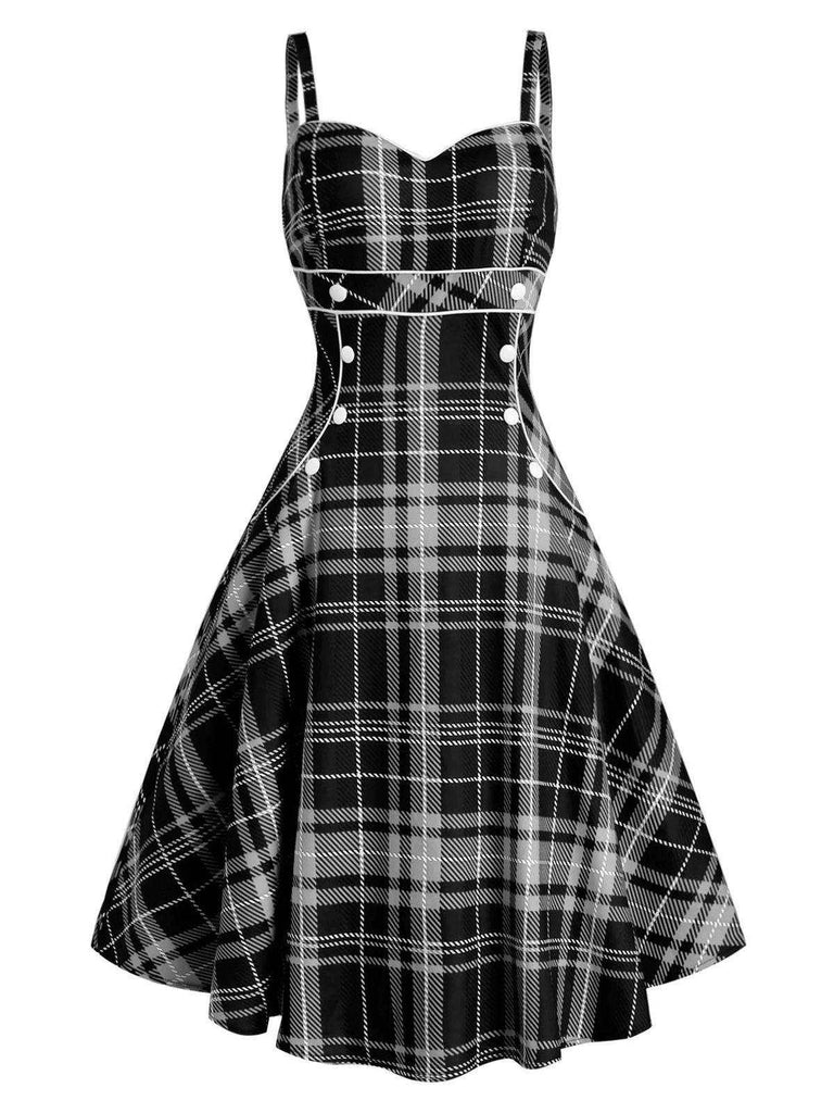 1950s Plaid Button Strap Swing Dress