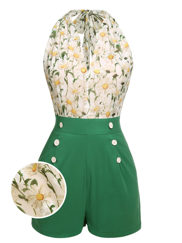 2PCS 1950s Yellow Sunflower & Green Floral Halter Romper