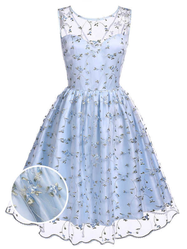 [Pre-Sale] Blue 1950s Floral Embroidery Lace Dress