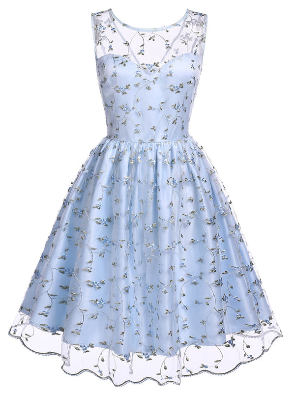 [Pre-Sale] Blue 1950s Floral Embroidery Lace Dress