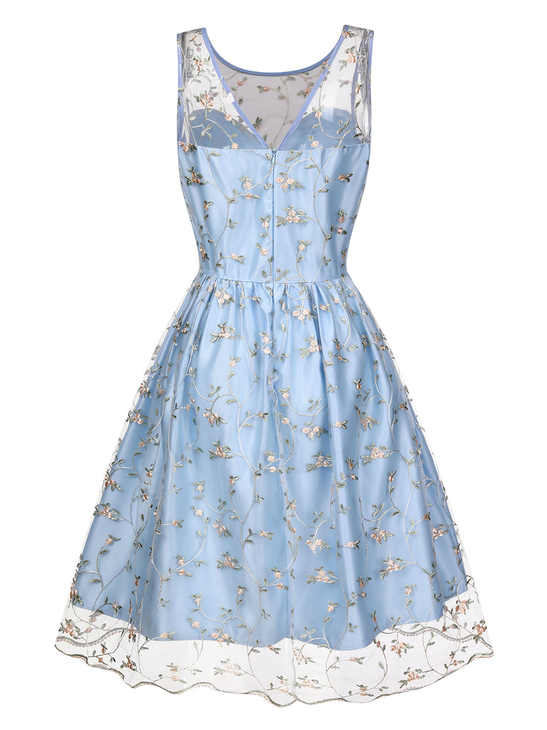 Blue 1950s Floral Embroidery Lace Dress