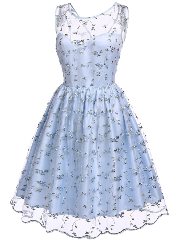 [Pre-Sale] Blue 1950s Floral Embroidery Lace Dress