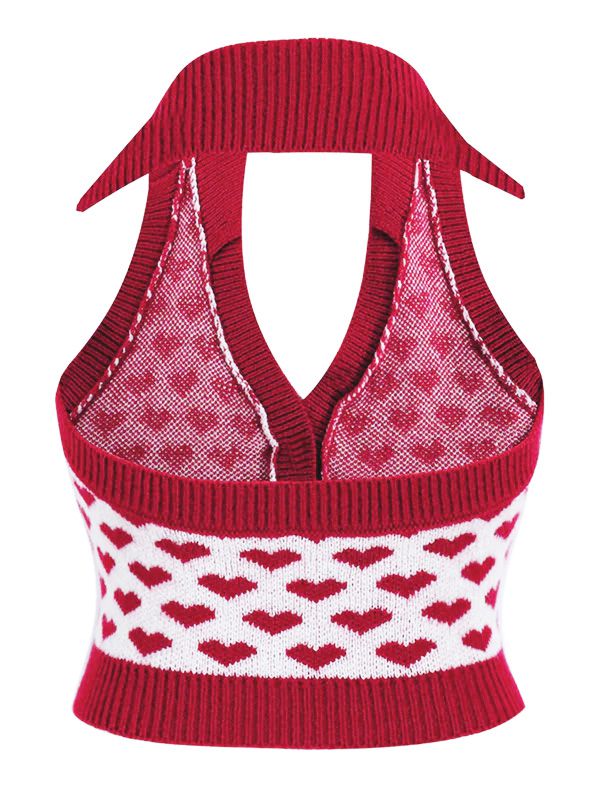 Red 1950s Knitting Heart Halter Button Tops