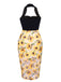 Black 1960s Halter Sunflower Pencil Dress