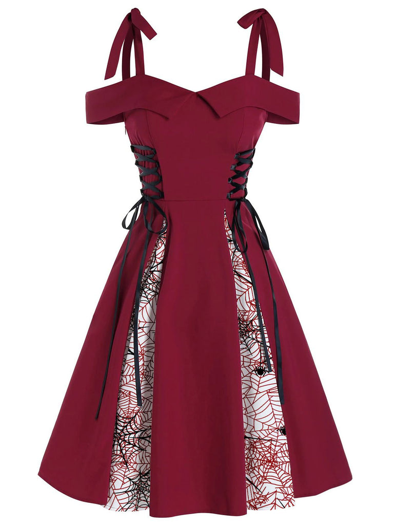 ‍Red 1950s Patchwork Bowknot Lace-up Dress (86% off)