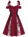 ‍Red 1950s Patchwork Bowknot Lace-up Dress (86% off)
