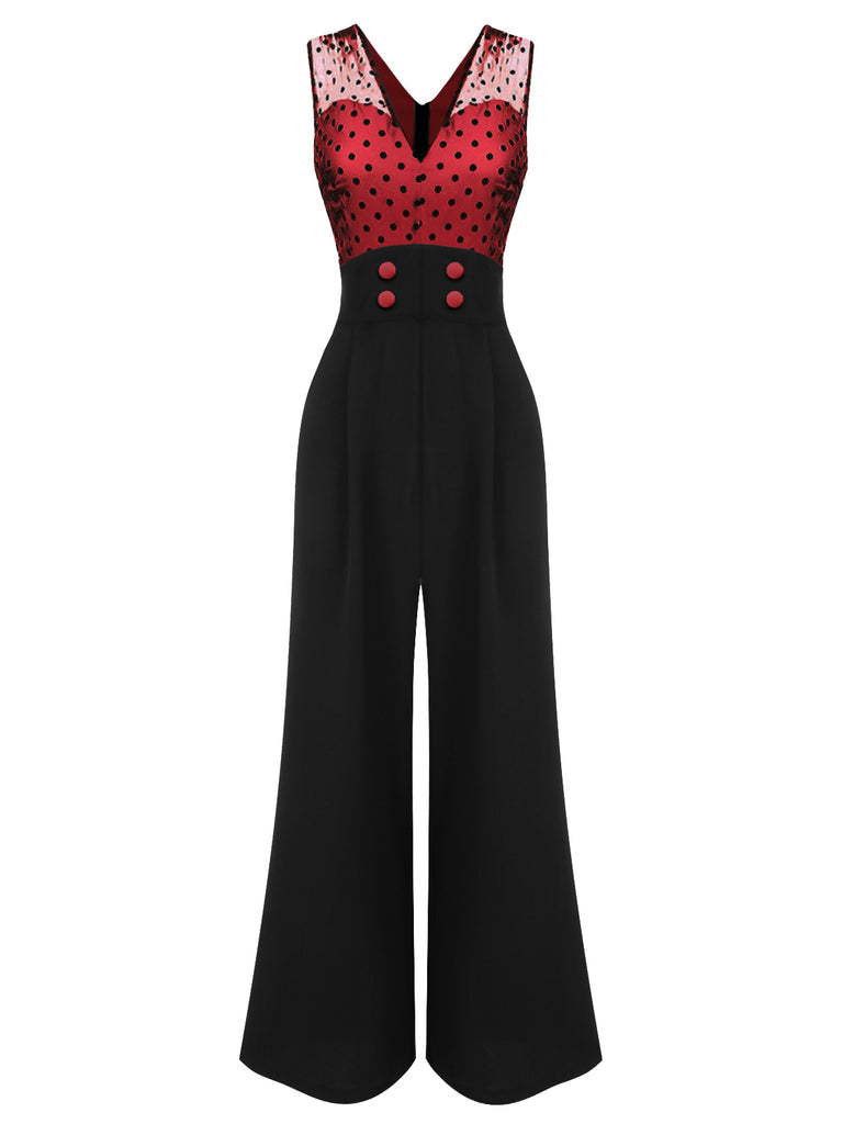 1930s Polka Dot Patchwork Button Jumpsuit