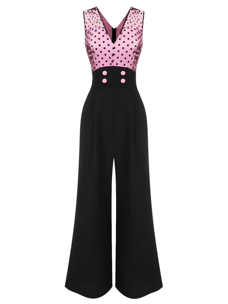 1930s Polka Dot Patchwork Button Jumpsuit