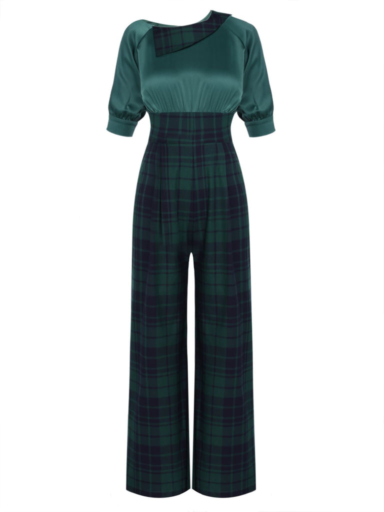 Red 1930s Christmas Plaid Short Sleeved Jumpsuit