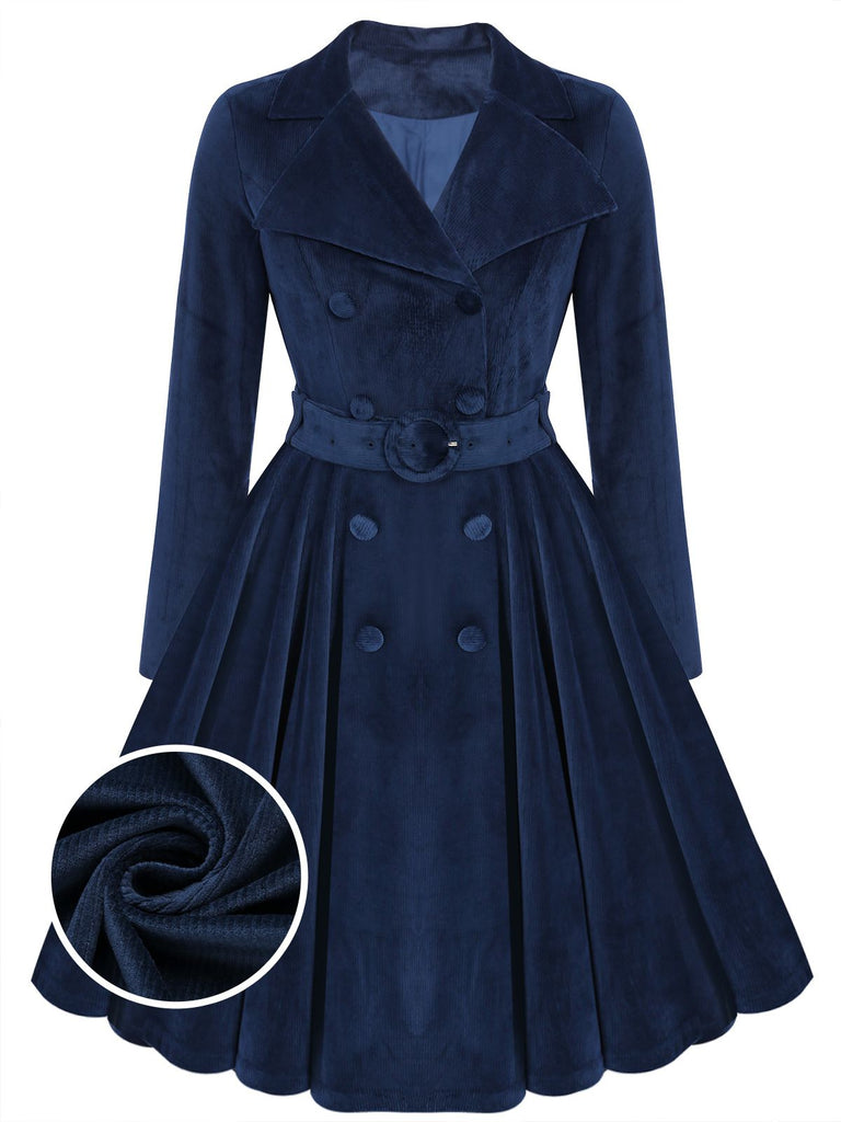 Navy Blue 1950s Corduroy Long Coat