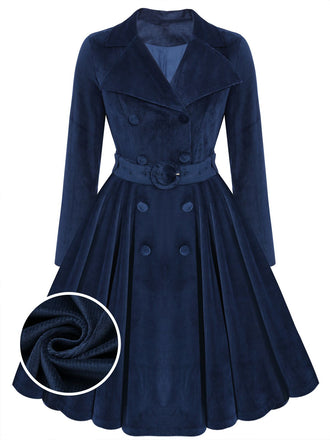 [Plus Size] Navy Blue 1950s Corduroy Long Coat