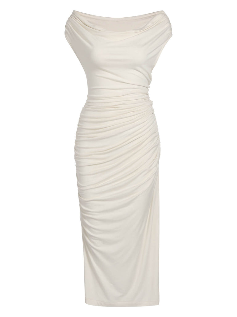 Ivory 1960s Cap Sleeve Slim Pleated Dress