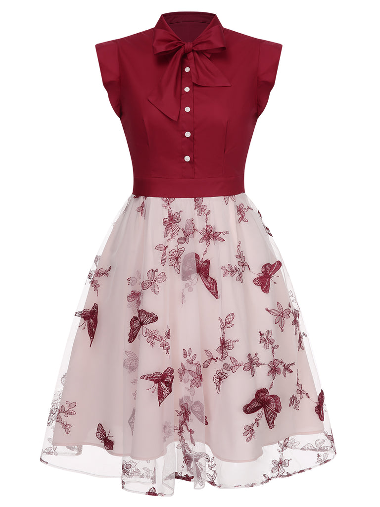 Wine Red 1950s Butterfly Patchwork Vintage Dress