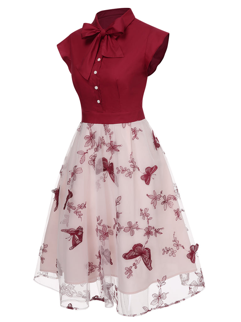 Wine Red 1950s Butterfly Patchwork Vintage Dress