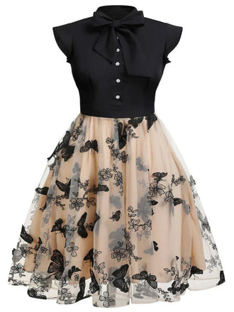 [Plus Size] Black 1950s Butterfly Patchwork Vintage Dress