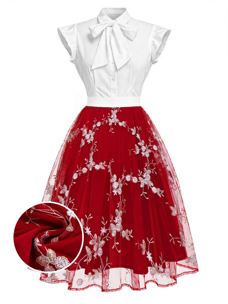 [Pre-Sale] Red 1950s Floral Embroidered Tulle Bow Neck Dress