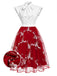 [Pre-Sale] Red 1950s Floral Embroidered Tulle Bow Neck Dress