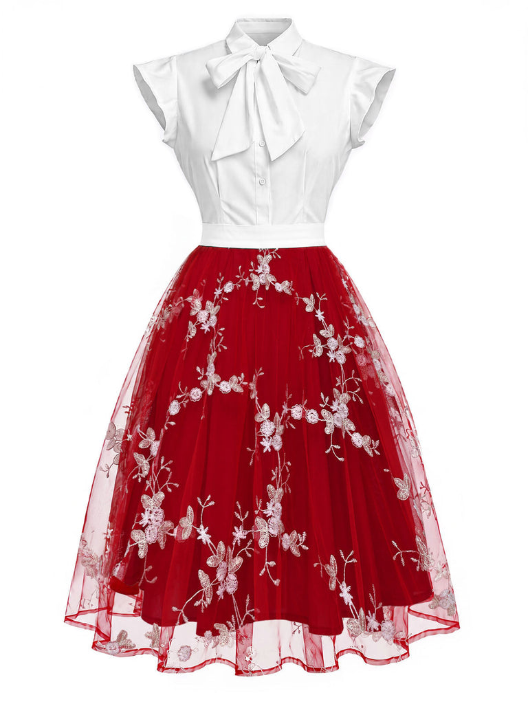 [Pre-Sale] Red 1950s Floral Embroidered Tulle Bow Neck Dress