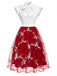 [Pre-Sale] Red 1950s Floral Embroidered Tulle Bow Neck Dress