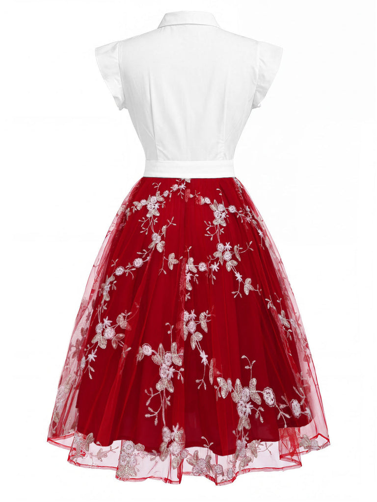 [Pre-Sale] Red 1950s Floral Embroidered Tulle Bow Neck Dress