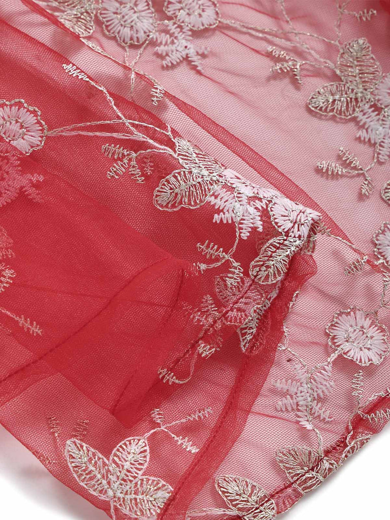 [Pre-Sale] Red 1950s Floral Embroidered Tulle Bow Neck Dress