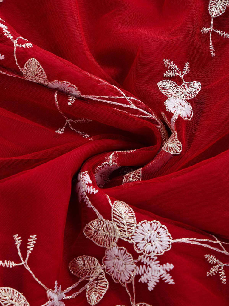 [Pre-Sale] Red 1950s Floral Embroidered Tulle Bow Neck Dress