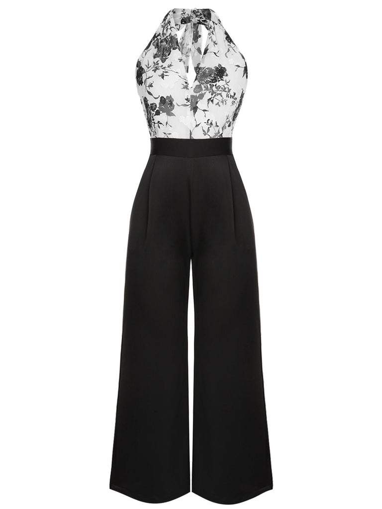 Black White 1930s Floral Halter Strap Jumpsuit