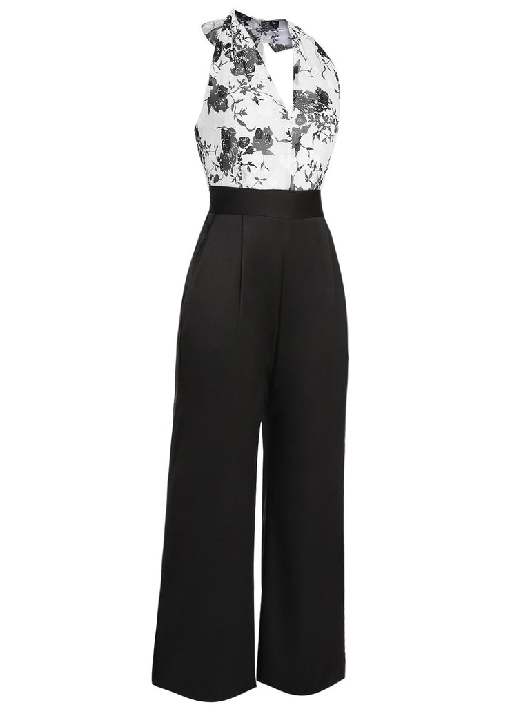 Black White 1930s Floral Halter Strap Jumpsuit