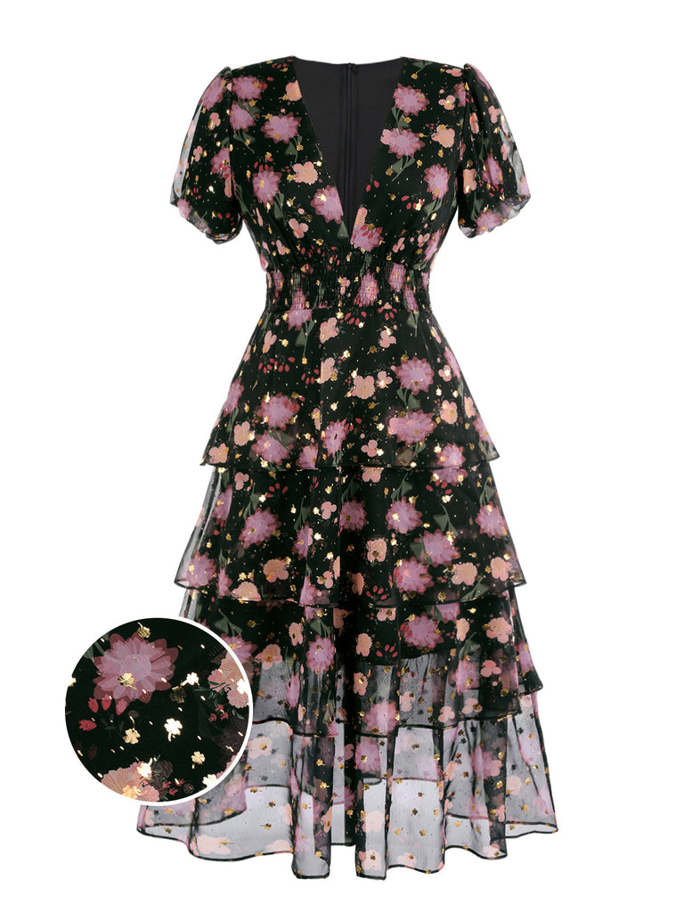 Black 1950s Lace Flowers Swing Dress