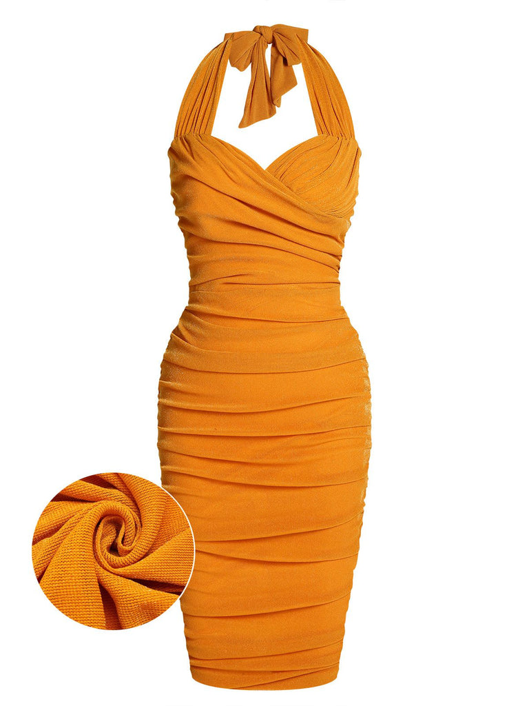 Orange Solid Folds Halter Pencil Dress