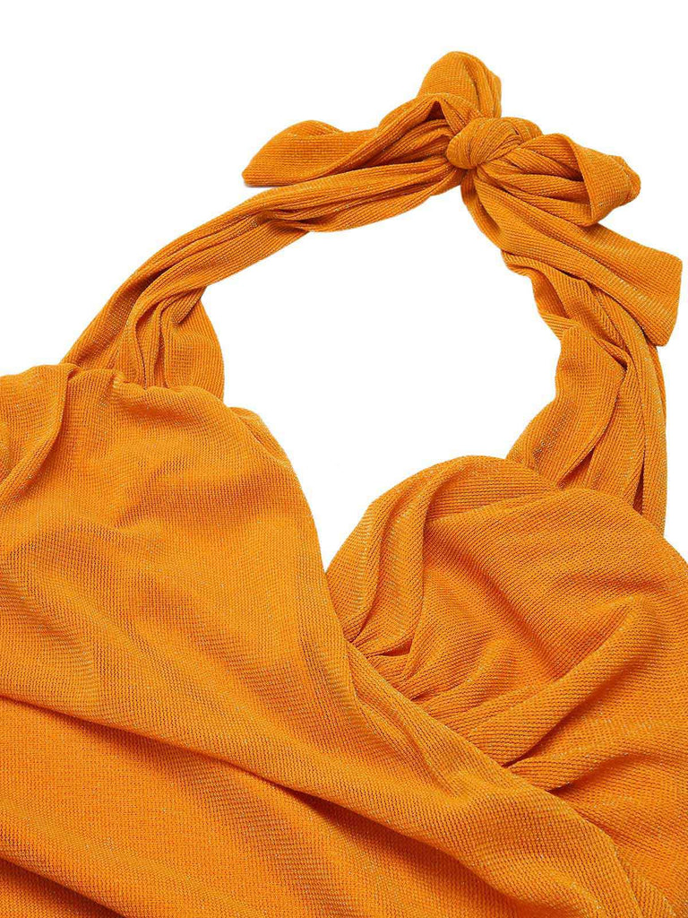 Orange Solid Folds Halter Pencil Dress