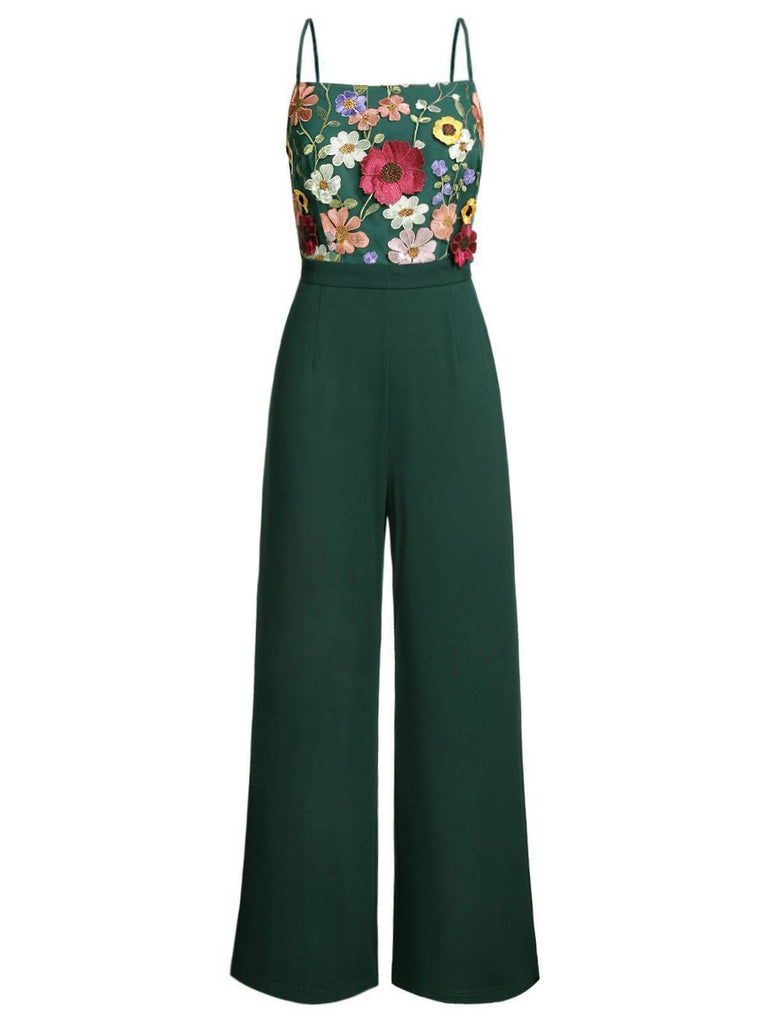 Green 1930s 3D Floral Strap Patchwork Jumpsuit