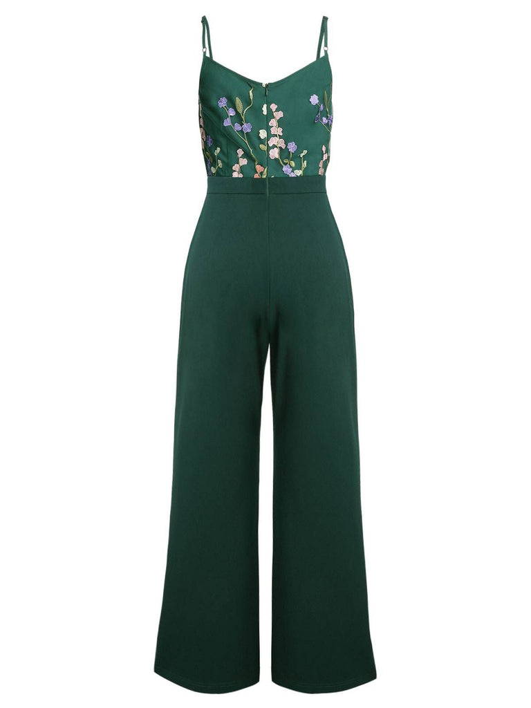 Green 1930s 3D Floral Strap Patchwork Jumpsuit