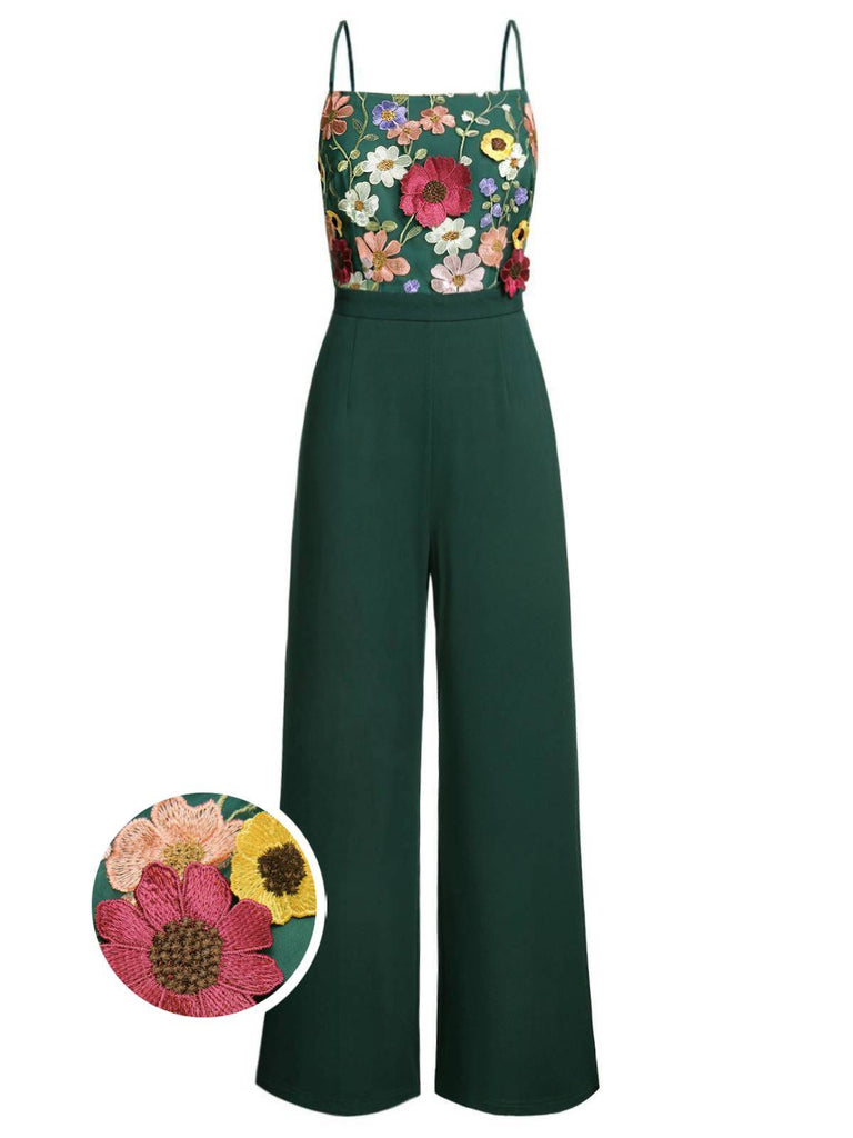 Green 1930s 3D Floral Strap Patchwork Jumpsuit