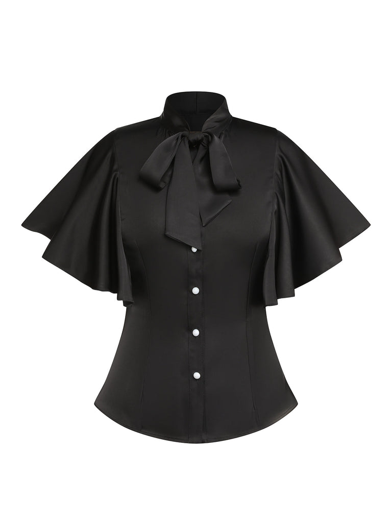 2PCS 1950s Black Solid Blouse & Suspender Skirt