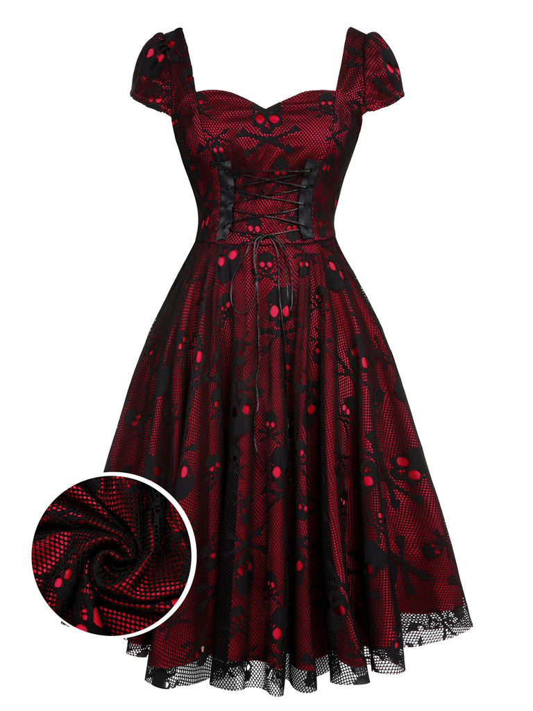 Wine Red 1950s Skull Mesh Swing Dress