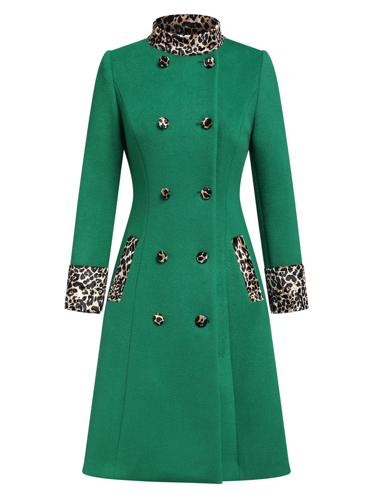 Green 1950s Leopard Patchwork Button Coat