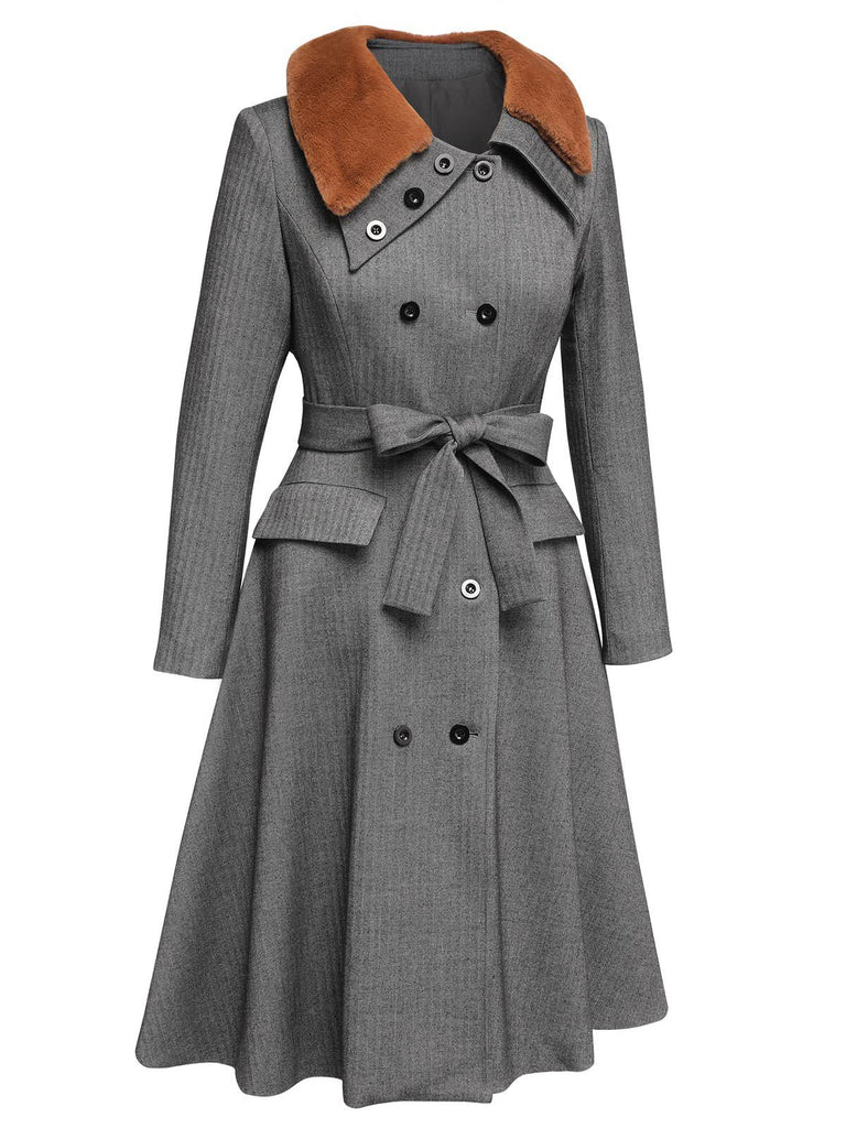 Gray 1930s Faux Fur Lapel Collar Coat