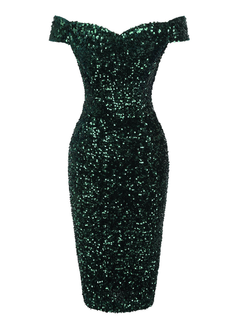 Green 1960s Sequins Off-Shoulder Pencil Dress