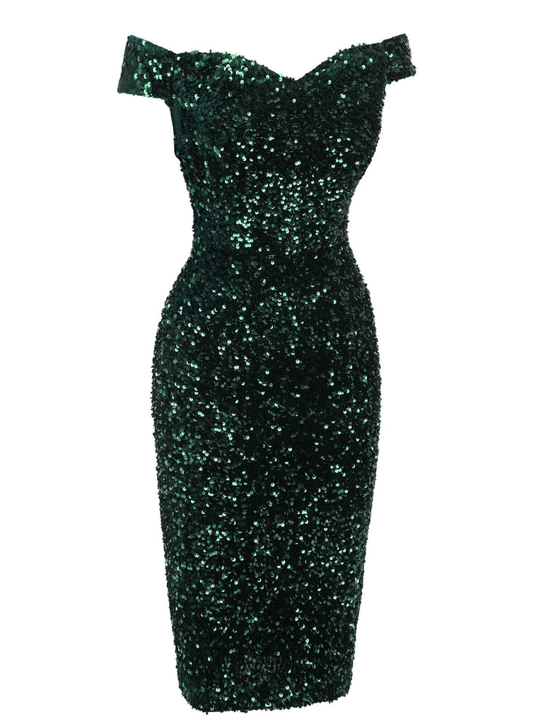 Green 1960s Sequins Off-Shoulder Pencil Dress