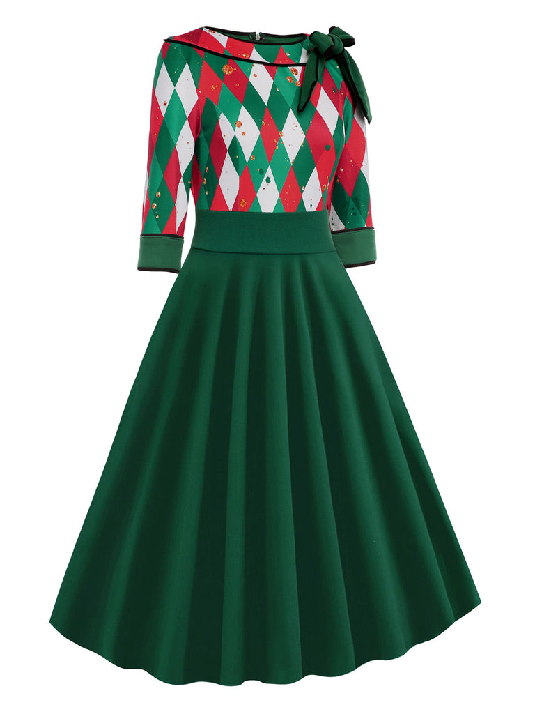 Green 1950s Christmas Plaid Patchwork Dress