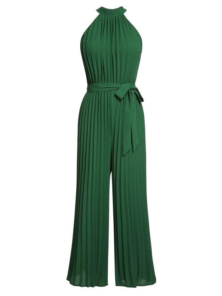 Green 1930s Solid Pleated Halter Jumpsuit
