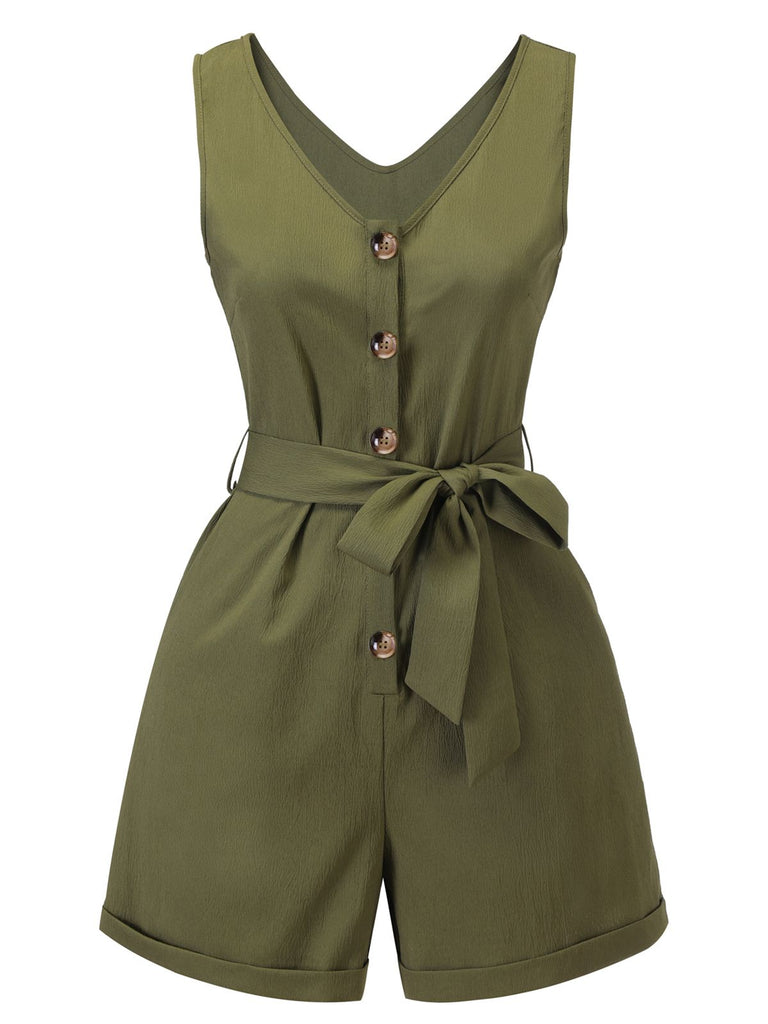 Army Green 1950s V-Neck Button Waist Tie Romper