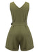 Olive Green 1950s V-Neck Button Waist Tie Romper