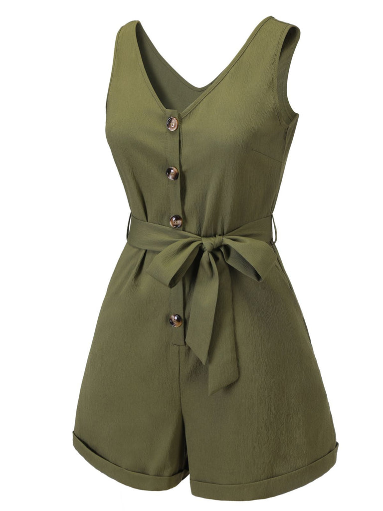 Olive Green 1950s V-Neck Button Waist Tie Romper