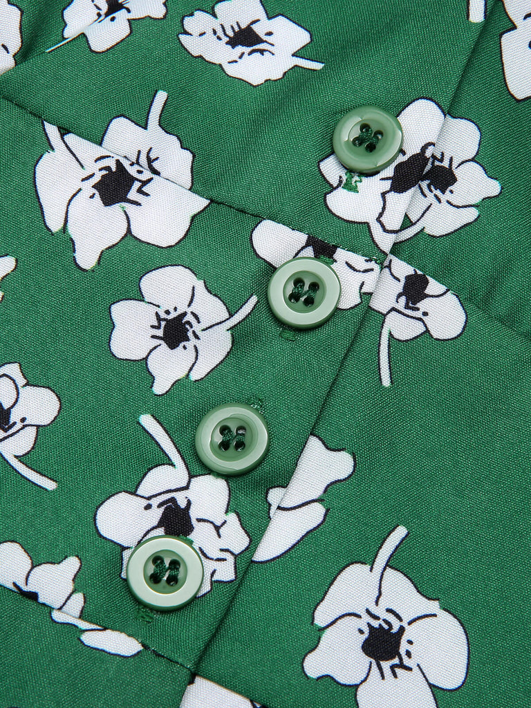 Green 1940s V-Neck Floral Dress